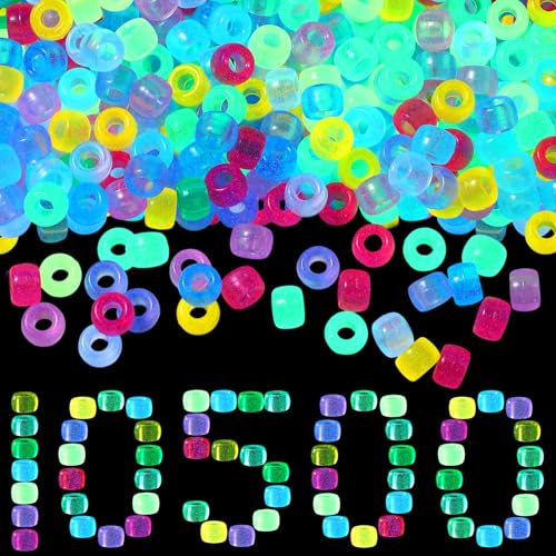 Jexine 10500 Pcs Pony Beads Bulk Plastic Beads for Bracelet Making Hair Braids DIY Necklace Jewelry Making Gifts for Christmas (Round,Glow) - color: Glow, style: Round