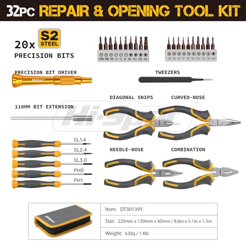 Hi-Spec 32pc Electronics Repair & Opening Tool Kit Set for Laptops, Phones, Devices, Computer & Gaming Accessories. Precision Small Screwdrivers with Pentalobe Bits for iPhones & MacBooks - size: 32pcs