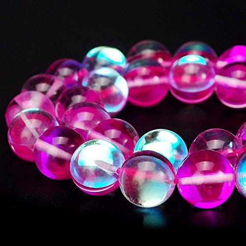 RUBYCA Round Moonstone Crystal Glass Beads Aura Iridescent for Jewelry Making (1 Strand, 10mm, Pink) - color: Fuchsia, size: 10mm
