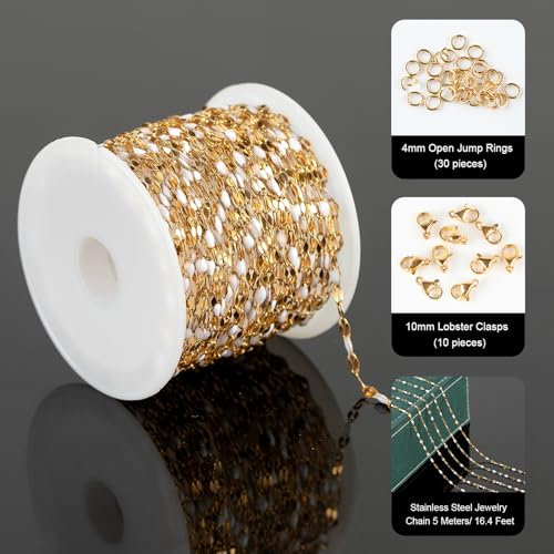 UMAOKANG 5 Meters Stainless Steel Jewelry Chain Enamel Chain for Jewelry Making Gold Plated Chain with Jump Rings and Lobster Clasps - color: Gold-White