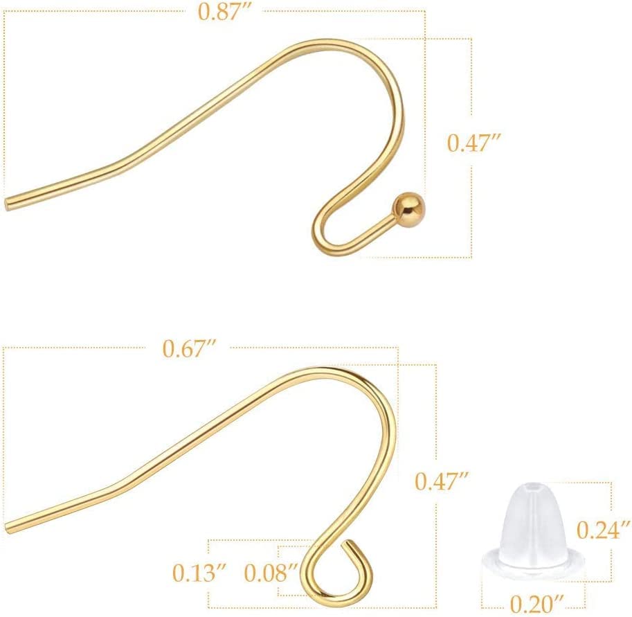 14K Gold Earring Hooks Real Hypoallergenic 100Pcs Ball Dot Ear Wires + Fish Hooks Jewelry Making Supplies Findings with 100Pcs Clear Rubber Earring Backs for DIY Jewely - color: 100pcs gold