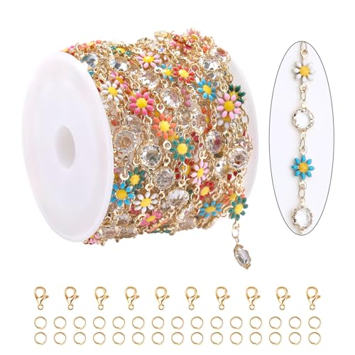 KYUNHOO 16.4FT/5M Multicolored Daisy Flowers Jewelry Chains for Making Jewelry Clear Rhinestone Chain Roll Beaded Jewelry Making Chain on Bulk for Craft DIY - color: Colorful Daisy Crystal