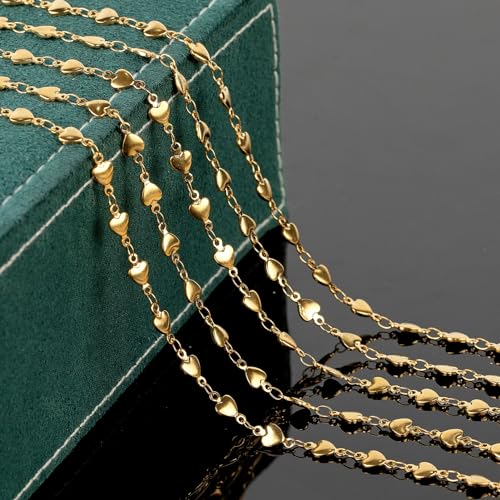 UMAOKANG 5 Meters Gold Plated Heart Chain for Jewelry Making Stainless Steel Chains Bulk for Women Necklace Anklet DIY Jewelry Supplies Findings - color: Gold Heart