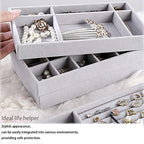 Velvet Drawer Jewelry Organizer Tray, Small Flat Jewelry Organizer for Drawer, Dresser Stacking Display Inserts for Jewelry Accessories in Dresser, Grey Set of 4