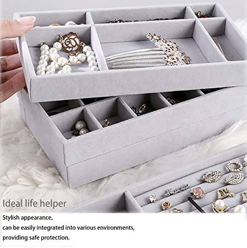 Velvet Drawer Jewelry Organizer Tray, Small Flat Jewelry Organizer for Drawer, Dresser Stacking Display Inserts for Jewelry Accessories in Dresser, Grey Set of 4