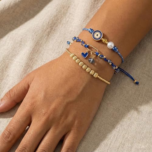 Evil Eye Heart Charm Stackable String Rope Colorful Beaded Bracelets Set For Women, Boho Handmade Adjustable Protection Lucky Gold Jewelry, Daily Party Friendship Gift - color: Blue