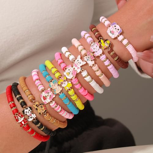 Friendship Bracelets Boho Stackable Bracelets for Women Surfer Heishi Clay Bead Bracelets Stretch Preppy Bracelets Colorful Boho Bracelets for Women - color: 12pcs cute dog