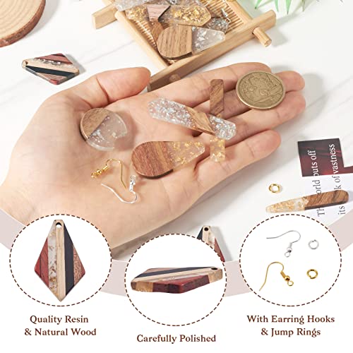Beadthoven 88pcs Glittery Resin Wood Pendants Earrings Making Kit Gold Foil Wooden Earring Blanks Teardrop Rectangle Geometry Wood Earring Charms for Jewelry Making with Earring Hooks Jump Rings - color: 0Gold Silver Foil