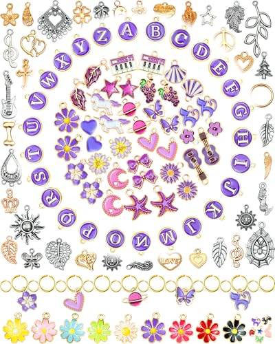 FIVEIZERO 216PCS Bracelet Charms for Jewelry Making – Assorted Gold & Silver Metal Enamel Pendants with Jump Rings for Necklaces, Earrings, & DIY Jewelry Crafts(Purple) - color: Purple