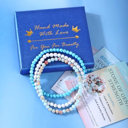 2/3-Pieces 4mm 6mm 8mm Natural Crystal Gemstone – Handmade Reiki Energy Healing Stretch Bracelets Jewelry for Yoga, Meditation, Unisex - color: 3 Pieces (AgalmatoliteJasper&BlueTurquoise&Howlite), size: 4mm