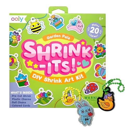 Ooly 28 PC DIY Shrinking Art Kit for Kids, 20 Plastic Pre Cut Charms and More, No Mess Creative Activity Jewelry Making Kit - Garden PALS - color: Garden Pals