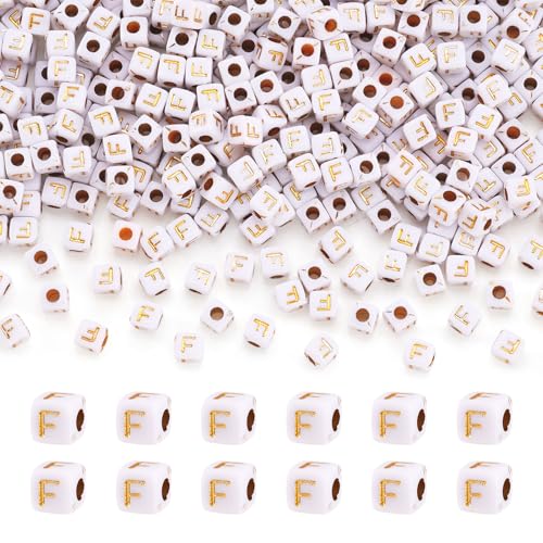 FASHEWELRY 500Pcs White Golden Letter Beads 4.5mm Square Alphabet Beads Acrylic Cube Letter F Beads for Friendship Bracelet Necklace Keychains Jewelry Making - color: Letter F