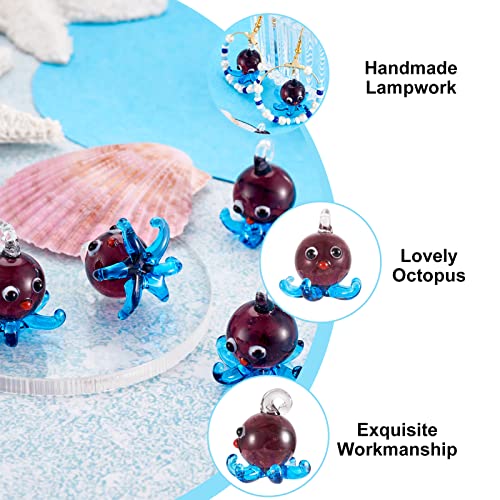 FASHEWELRY 5Pcs Handmade Ocean Octopus Lampwork Glass Pendants Deep Sky Blue Small Marine Life Loose Beads Charms for DIY Jewelry Making - color: Octopus-Deep Sky Blue