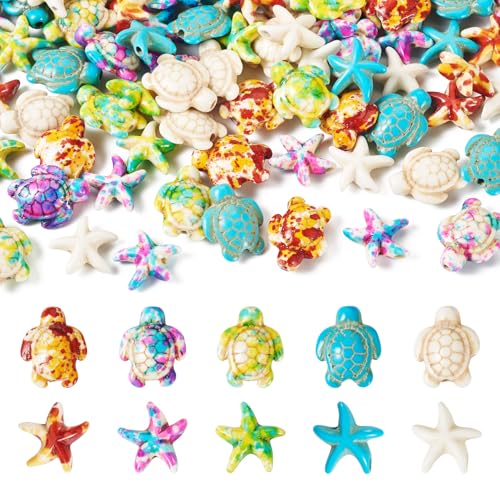 Boutigem 100Pcs Starfish Turtle Beads Turquoise Loose Spacer Beads Summer Ocean Loose Beads 10 Style 13.5-18mm for DIY Earring Bracelet Necklace Keychain Jewelry Making - color: Mixed Color