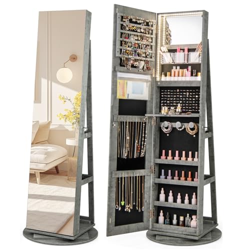 COSTWAY 360° Rotating Mirror Jewelry Armoire, 3-Color LED Lights, Full-length Mirror with Storage for Necklaces & Bracelets, Lockable Freestanding Jewelry Cabinet for Bedroom, Cloakroom (Marble Gray) - color: Marble Gray