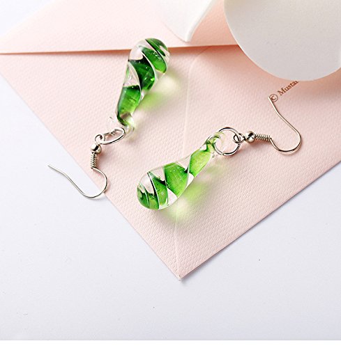 Glass Water Drop Shape Glaze Spiral Dangle Earrings Lampwork Handmade Glass Bead Geometric Earrings for Women Jewelry - color: Green