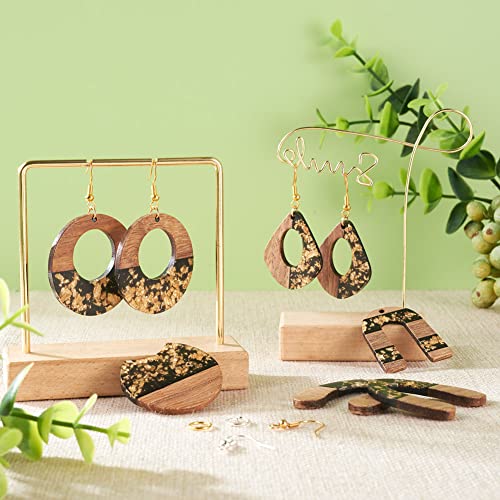 FASHEWELRY 10Pcs Resin Wood Earrings Charms Teardrop Flat Round Wooden Earring Blanks Wooden Earring Findings for Earrings Making Kits with 60Pcs Earring Hooks & Jump Rings - color: 0Golden & Black-5 Shapes