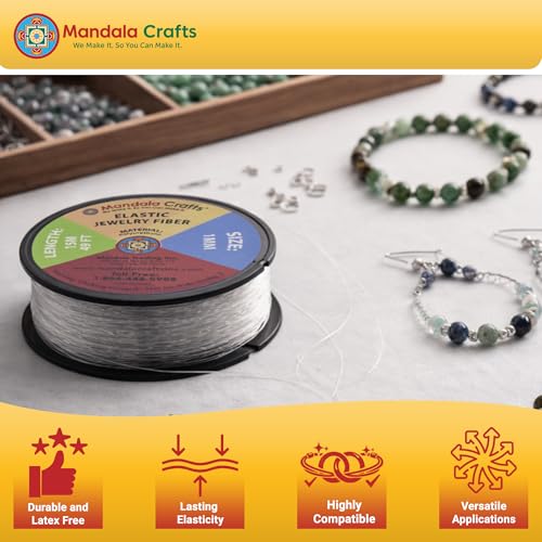 Mandala Crafts Very Strong 0.8mm Elastic String for Jewelry Making - 66 FT Heavy Duty Round Stretchy Clear String Jewelry Fiber Elastic Cord Spool for Decorative Threading Applications - size: 0.8mm 20M 66 Feet