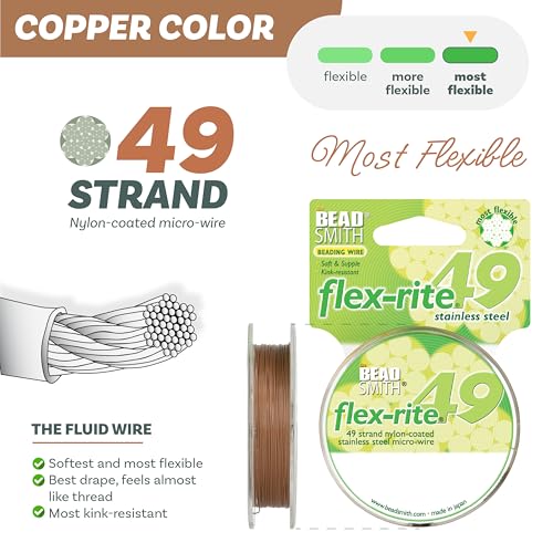 The Beadsmith Flex-Rite Beading Wire - 49-Strand Nylon-Coated Stainless-Steel Wire, 0.014" (0.35 mm) Dia, Copper, 30 ft Spool, Durable Necklace & Bracelet String, for Jewelry Making Supplies - color: Copper, size: .014” Dia - 30 ft