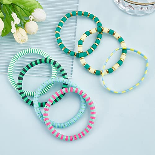 Ornaland 7Pcs Handmade Polymer Clay Heishi Surfer Stretch Bracelets Set Colorful Glass Beads Bracelets Boho Stackable Preppy Bracelets Wrist Jewelry for Women - color: Grass green