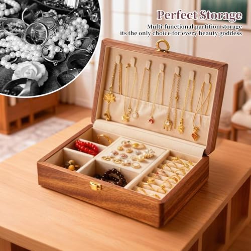 Travel Jewelry Case Small Wood Jewelry Organizer Jewelry Box for Women (Nut-Brown Print A) - color: Nut-Brown Print A