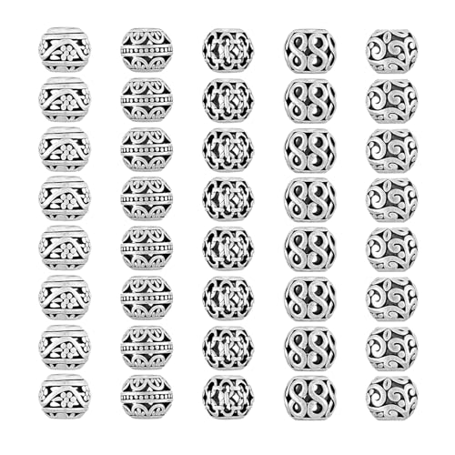 40Pcs Metal Tube Spacer Beads for Jewelry Making Necklace, Silver Large Hole Paracord Beads Bracelets Spacers Charms Loose Beads-5Style - color: 5NewStyle*40