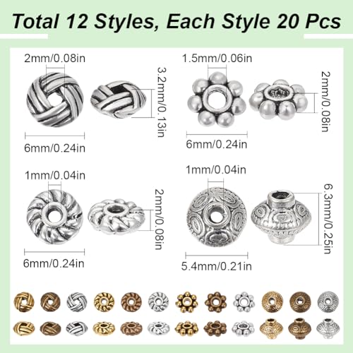 SUNNYCLUE 1 Box 240Pcs 12 Styles 6mm Spacer Beads Tibetan Style Alloy Spacer Beads Mini Antique Silver Gold Bronze Flat Round Daisy Bicone Retro Metal Bead for DIY Bracelet Necklace Jewelry Making