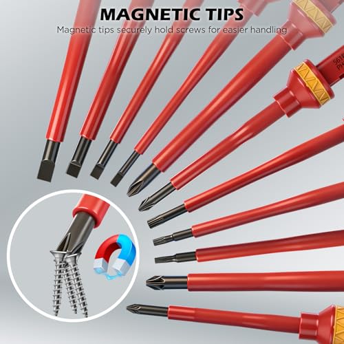 1000V Insulated Electrician Screwdriver Set - 13-Piece Professional Electrical Screwdriver Set Insulation Handle CRV Steel Magnetic Phillips Slotted Pozi Torx Tips VDE & GS Certified - style: 13 PCS VDE Interchangeable Pro