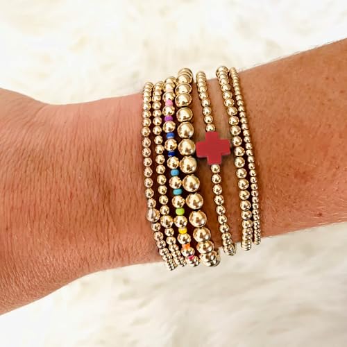 14K Gold Beaded Cross Beaded Bracelet Stack Set for Women,7PCS Bohemian Colorful Beads Ball Stretch Stackable Bracelets Trendy Holiday Birthday Gift - color: Red