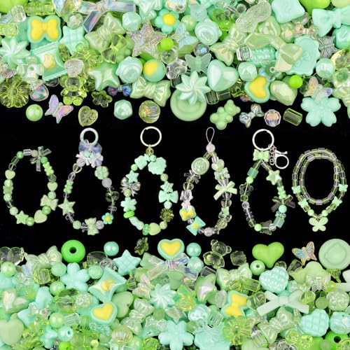 200-260PCS TINKRSTUFF Assorted Acrylic Beads Green Cute Beads for Bracelet Making, Bow Flower Butterfly GummyBear Kawaii Charms, Aesthetic Bead for Necklace Jewelry Making DIY Keychain Phone Charm - color: Green