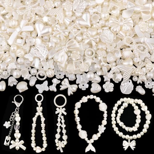 270-320PCS TINKRSTUFF Assorted Acrylic Beads, Mix ABS Imitation Pearl Cute Beads for Bracelet Making, Bow Aesthetic Flower Butterfly Kawaii Charms for Jewelry Making DIY Necklace Keychain Phone Charm - color: Ivory