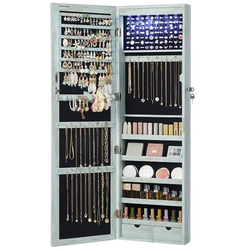 SONGMICS 6 LEDs Mirror Jewelry Cabinet, 47.2-Inch Tall Lockable Wall or Door Mounted Jewelry Armoire Organizer with Mirror, 2 Drawers, 3.9 x 14.6 x 47.2 Inches, Rustic Green UJJC93UJ - color: Rustic Green