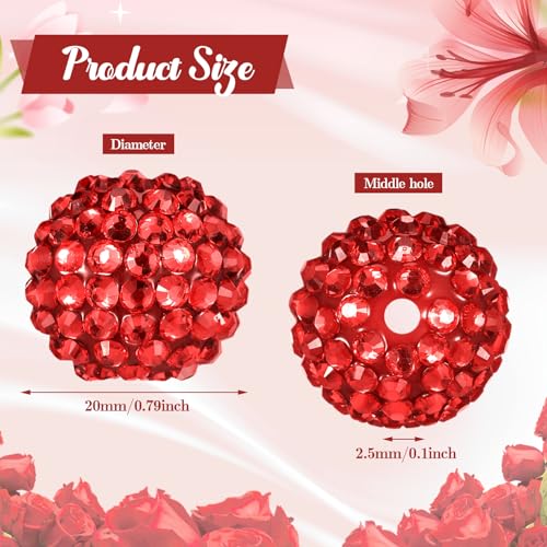 40 Pcs 20 mm Rhinestone Beads Bulk Crystal Round Disco Ball Chunky Bubblegum Beads for Pens Bracelets Charms Craft European Style Jewelry Making Supplies Christmas(Red) - color: Red