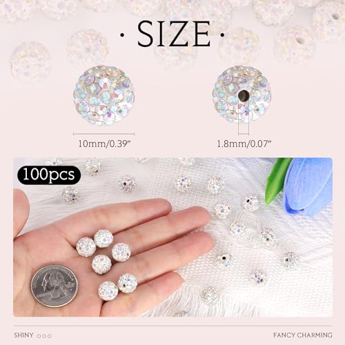 100 pcs 10mm Rhinestone Beads for Jewelry Making, Crystal AB Shiny Round Shamballa Disco Beads Bulk, Sparkle Crystal Clay Christmas for Bracelet Baseball Necklace Earring Crafting and DIY - color: Crystal AB, size: 10mm/100pcs