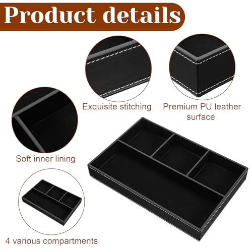 2 Pieces Faux Leather Valet Tray for Men, Stackable Jewelry Organizer for Drawers, Nightstand Caddy Tray for Key, Wallet, Sunglass, Watch, Coin, Phone, Bedside Desk-top Storage (Black)