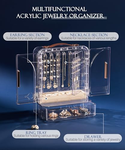 Homde Women Acrylic Jewelry Box: Clear Organizer Holder for Earring Necklace Ring - Gift for Yound Women