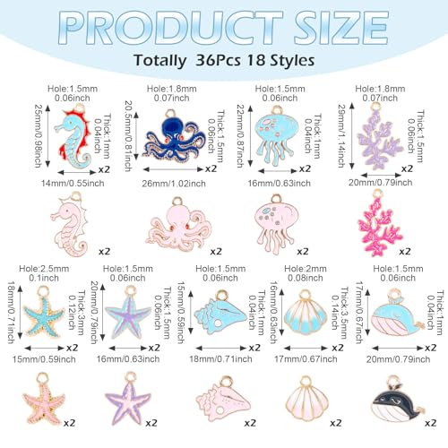 Cheriswelry 36Pcs Ocean Beach Sea Charms for Jewelry Making Assorted Summer Charms Starfish Shell Whale Jelly Fish Pendants 15-29mm for Earring Necklace Bracelet Supplies