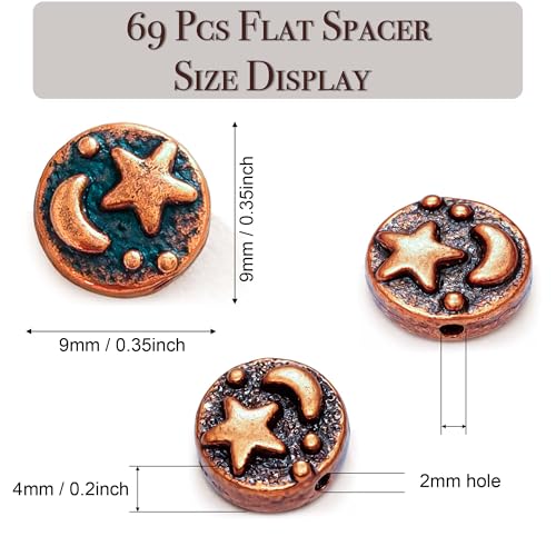 Tibetan Copper Spacer Beads 9mm Flat Round – 69pcs Metal Spacer Beads for Jewelry Making, Bracelets, Necklaces & Earrings DIY Supplies, Antique Silver Zinc Alloy - color: Copper Star and Moon