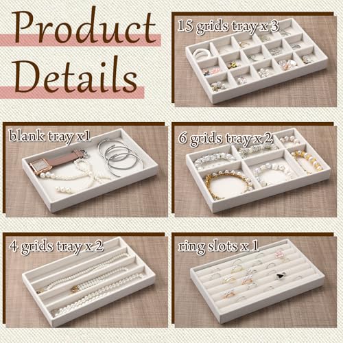 9 Set Velvet Jewelry Drawer Organizer Inserts, Stackable Jewelry Organizer Trays with Removable Dividers, Jewelrys Storage Display Tray, for Earring Ring Necklace Watch Bracelet, Beige