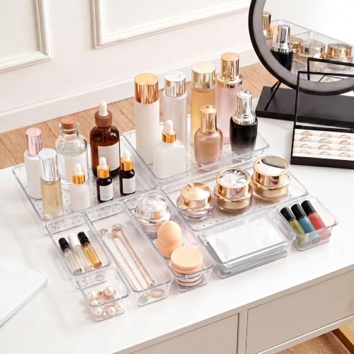 25 Pcs Makeup Drawer Organizer Set, 4 Sizes Versatile Bathroom and Vanity Drawer Organizer for Makeup, Non-Slip Desk Organizer Trays for Bedroom, Office, Fits Jewelry and Office Supplies - size: 25Pack