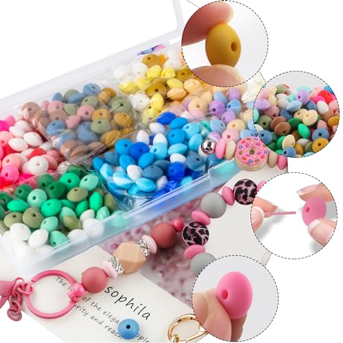 Sunrony 300Pcs Silicone Lentil Beads for Keychain Making,Bulk Mixed Color 12mm Silicone Abacus Spacer Beads for Necklace Bracelet Making Pens (Mixed 300Pieces) - color: A-Mixed 300Pieces
