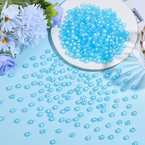 1000Pcs Transparent Letter Beads Acrylic Mixed Alphabet Beads Flat Round Disc Spacer Bead White Alphabet Pattern Loose Bead for Bracelet Jewelry Making DIY Craft 7x4mm Deep Sky Blue - color: Deep Sky Blue