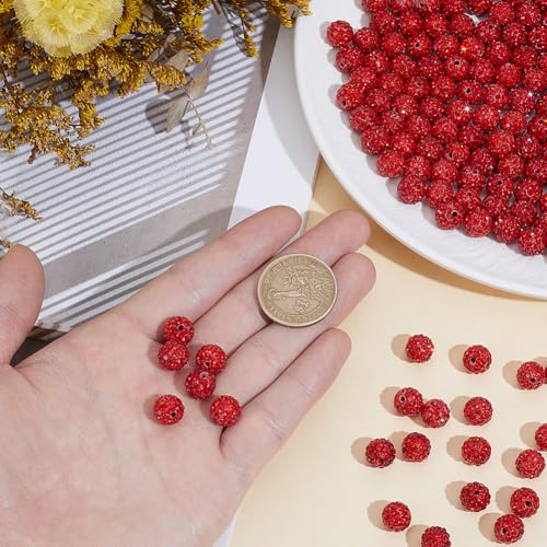 1 Box 200pcs 10mm Red Rhinestone Beads Round Sparkle Disco Ball Shiny Crystal Rhinestones Polymer Clay Loose Spacer Bead Charms Bulk for Jewelry Making Christmas Decor DIY Craft Supply - color: Red, size: 10mm 200pcs