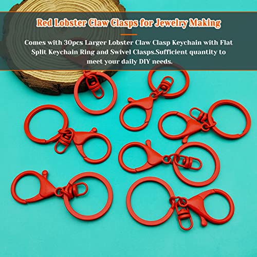 30Pcs Lobster Claw Clasps Keychain for Jewelry Making,Metal Lobster Clasp Swivel Trigger Clips with Swivel Clasps Hook Clips Flat Split Keychain Ring for DIY Craft Jewelry Making(Red) - color: Red