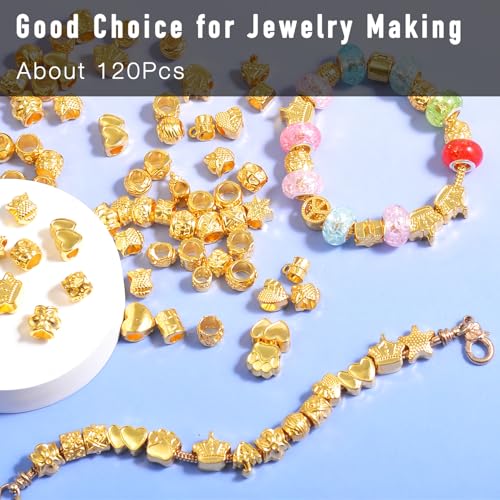 120Pcs Large Hole Metal Spacer Beads for Jewelry Making, Silver & Gold Plated Findings for Bracelet, Large Hole & Mixed Style (Gold Plated) - color: 120Pcs Gold
