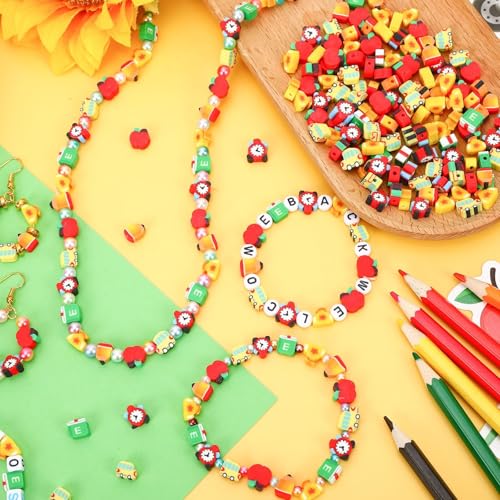 300pcs Back to School Polymer Clay Beads, Apple Pencil School Bus Spacer Beads for Jewelry Making First Day DIY Bracelet Necklace Accessories Craft Welcome Back to School Party Supplies - color: Red Green Yellow
