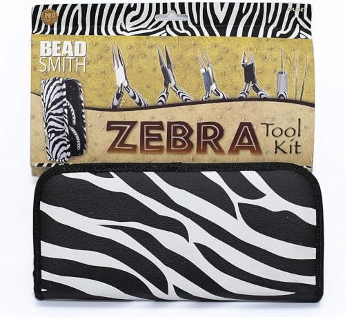 The Beadsmith Zebra Print Tool Kit – 6 Pieces: Chain, Round, and Bent Chain Nose w/Side Cutter, Tweezers, & Reamer with Zippered Pouch, 5-Inch Each - size: tool kit - 5" (6-piece)