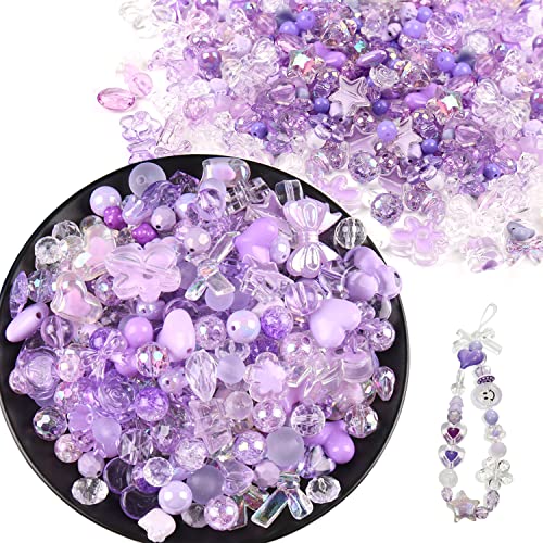 150g(170~230pcs) Aesthetic Acrylic Assorted Beads Cute Beads for Jewelry Making Flower Heart Star Butterfly Bow Beads Bulk - color: 150g-Purple