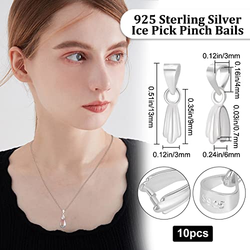 Beebeecraft 10Pcs/Box Pendant Pinch Bails 925 Sterling Silver Ice Pick Pinch Bails Pendant Connector for Necklace Jewelry DIY Craft Making - color: Silver#4