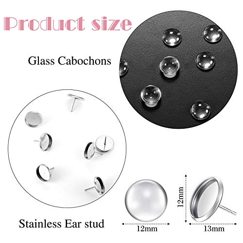 Hicarer 200 Pieces Stud Earring Kit, Including 50 Pieces 12 mm Stainless Steel Blank Stud 50 Rubber Back, 50 Pieces 12 mm Clear Glass Cabochons 50 Stainless Steel Earring Back for DIY Making (Silver) - color: Silver